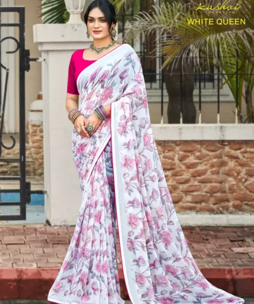 Kashvi White Queen Georgette Casual Wear Saree Collection