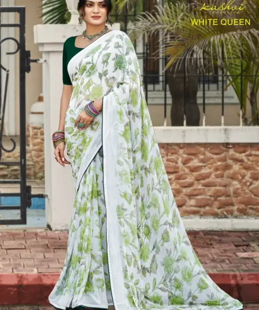 Kashvi White Queen Georgette Casual Wear Saree Collection