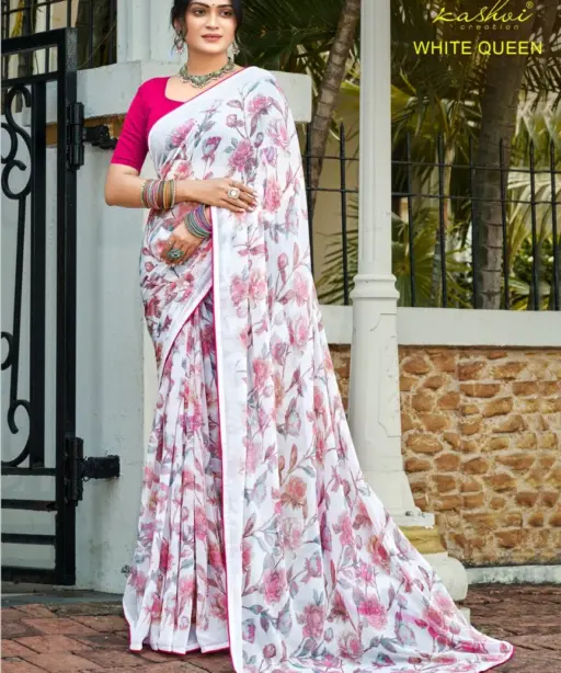 Kashvi White Queen Georgette Casual Wear Saree Collection