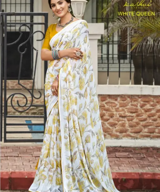 Kashvi White Queen Georgette Casual Wear Saree Collection
