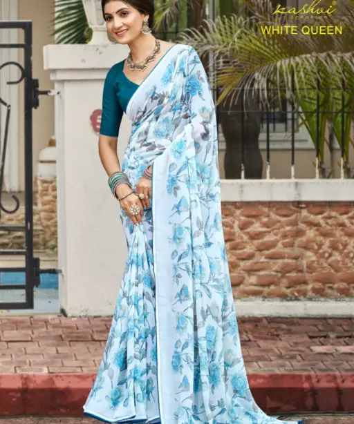 Kashvi White Queen Georgette Casual Wear Saree Collection