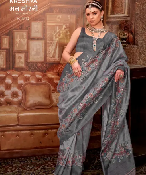 Kreshva Man Morni Tussar Silk with Traditional Kalamkari Saree Collection