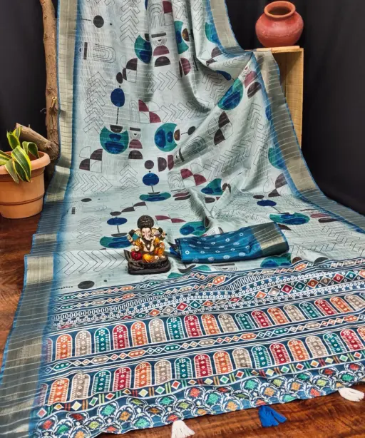 Scvc Radha Handloom Silk Ikkat Printed Fancy Saree Collection