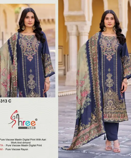 Shree Fab Design No - Kt - 313 Pure Viscose Muslin Digital Print Aari Handwork Pakistani Salwar Suit