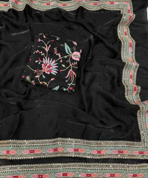 Kc 2093 Space Silk Multi Thread Sequence Embroidery Designer Saree Collection