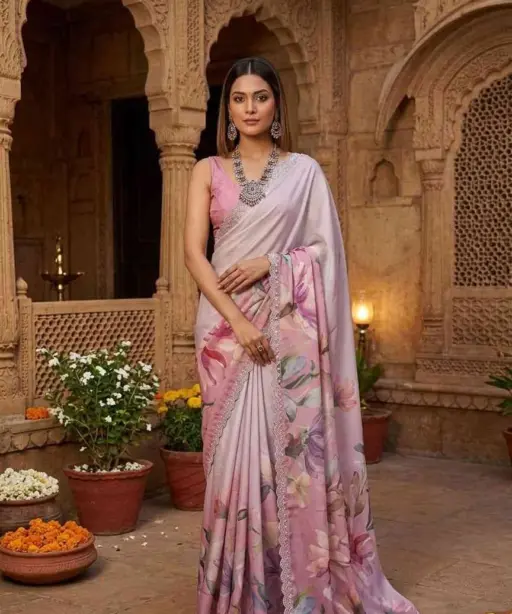 Kc 909 Satin Georgette with Hand Print Designer Saree