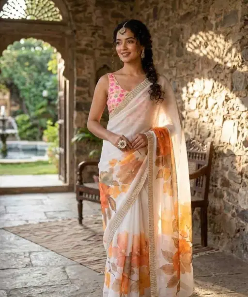 Kc 909 Satin Georgette with Hand Print Designer Saree