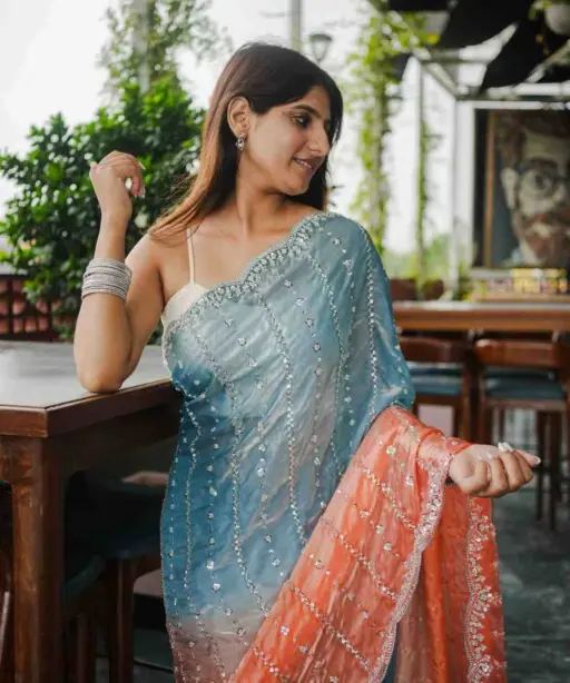 Kc 944 Space Silk Dual Shade Beeds Worked Designer Saree Collection