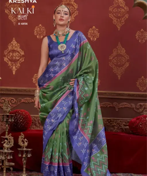 Kreshva Kalki Silk Ikkat Design with Hand Marmo Finish Saree Collection