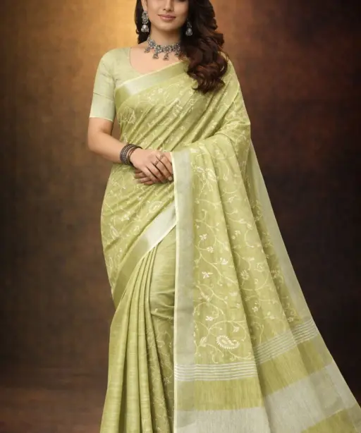 Mahek 219 Linen Cotton Embroidery Worked Fancy Saree Collection