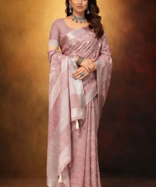 Mahek 219 Linen Cotton Embroidery Worked Fancy Saree Collection