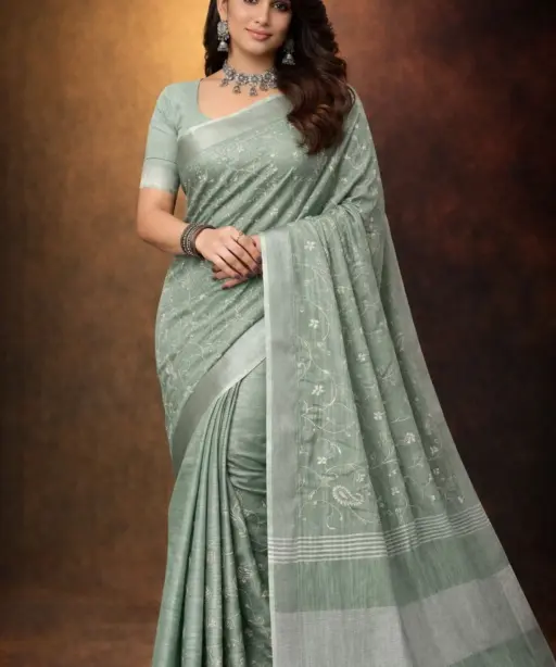 Mahek 219 Linen Cotton Embroidery Worked Fancy Saree Collection