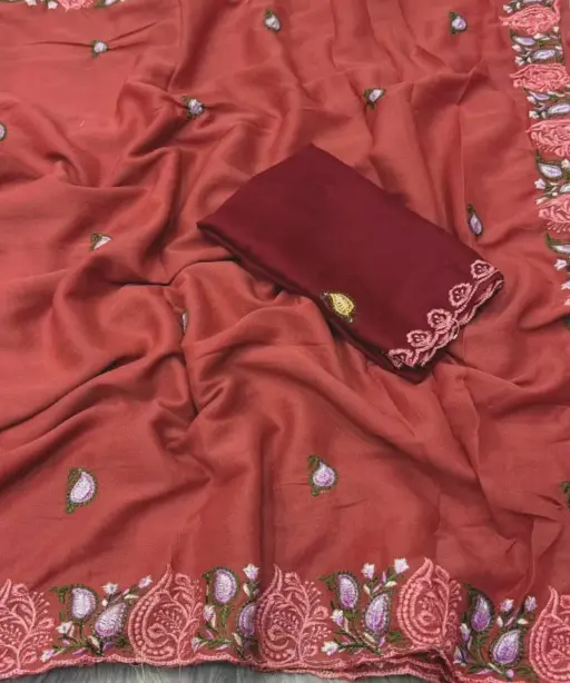 Ah New Rosewood Georgette Embriodery Worked Party Wear Saree Collection