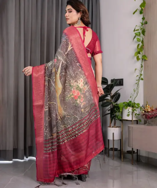 Shc 01 to 07 Pure Handloom Linen Floral Printed Saree Collection