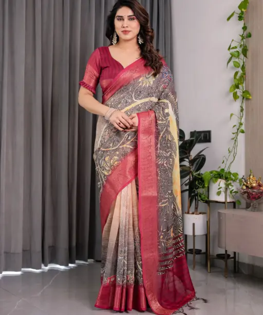 Shc 01 to 07 Pure Handloom Linen Floral Printed Saree Collection