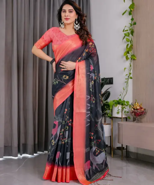 Shc 01 to 07 Pure Handloom Linen Floral Printed Saree Collection