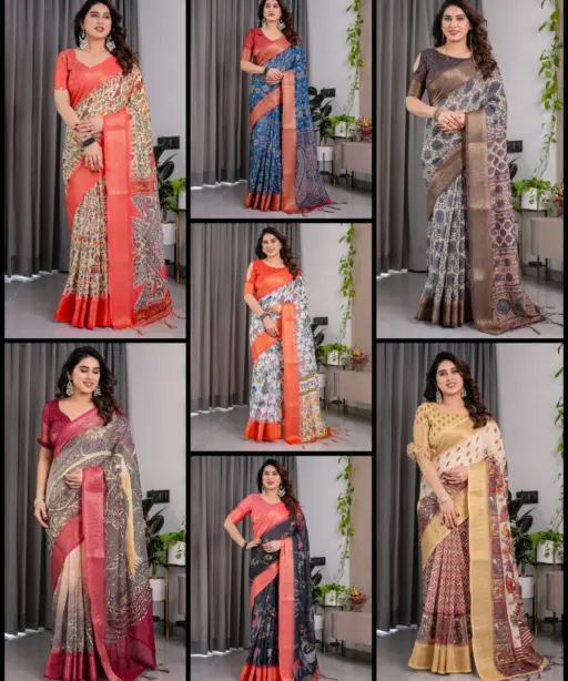 Shc 01 to 07 Pure Handloom Linen Floral Printed Saree Collection